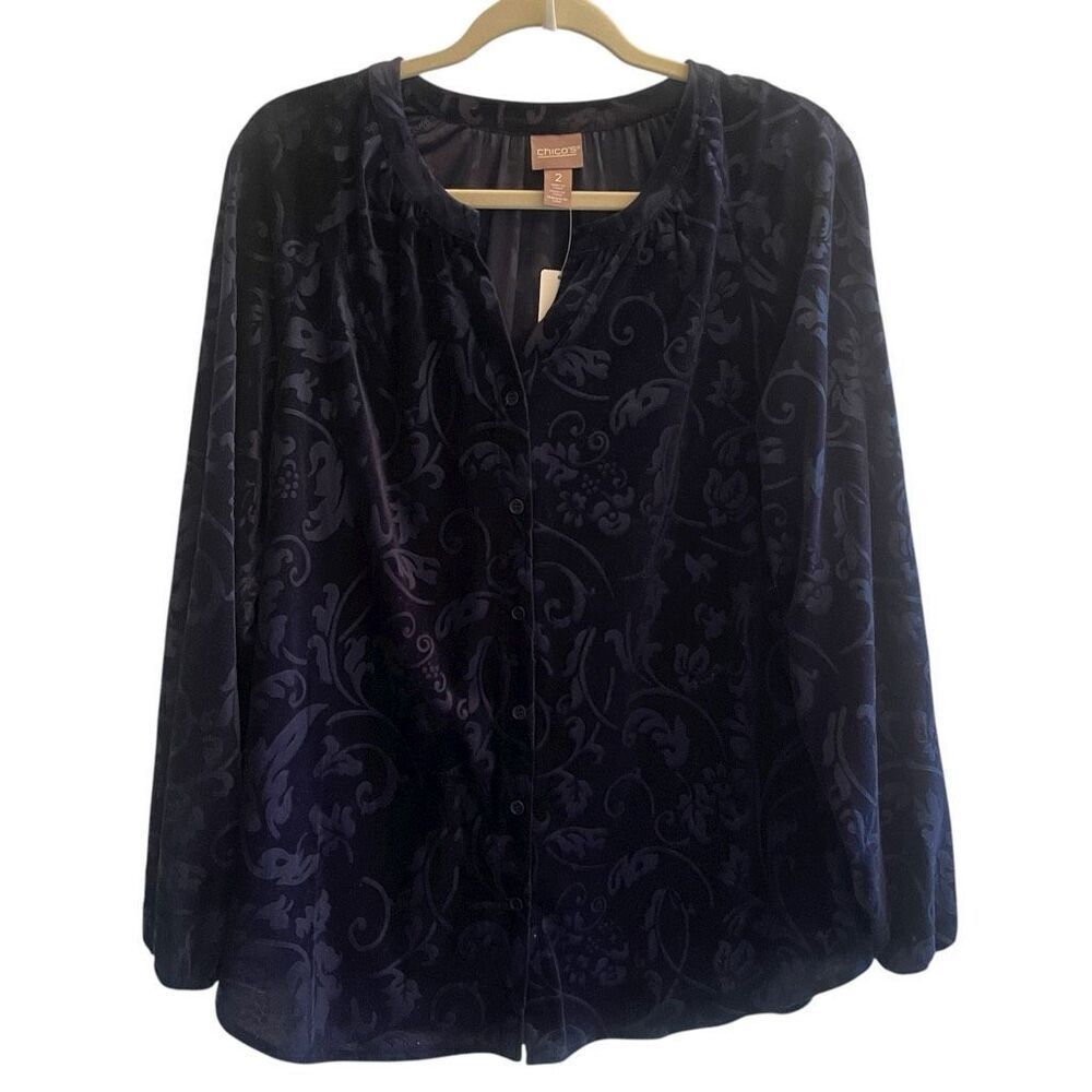 New Chico’s Midnight Blue Burnout Velvet Floral Top Blouse Women’s 2 Large 12